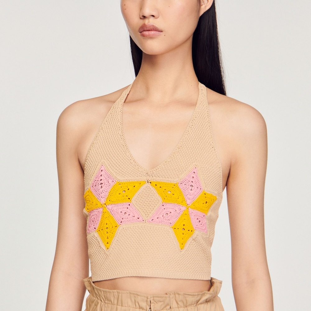 Sandro Beige Halter Crochet Crop Top with Pink & Yellow Motif